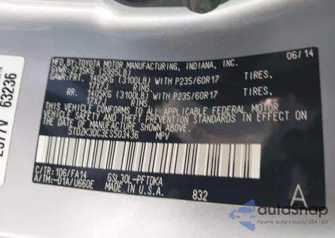 2014 Toyota Sienna L V6 7 Passenger из США, поврежденный, VIN 5TDZK3DC3ES503436